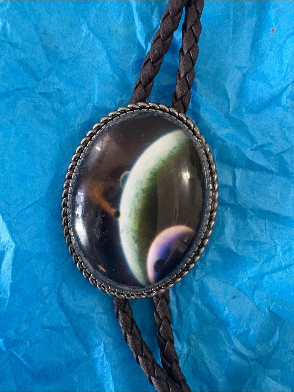 Space Planet Bolo Tie - Black and Green Oval Pendant